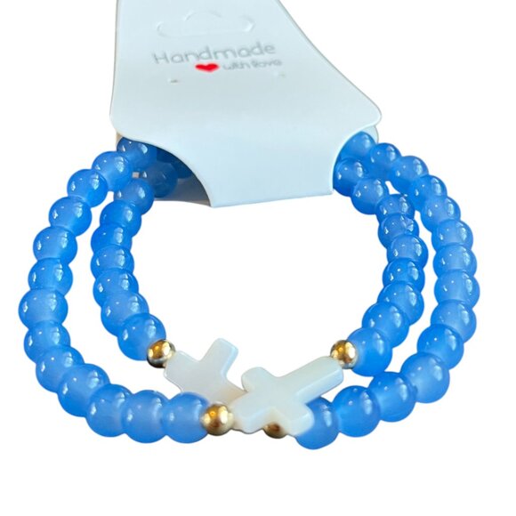 Charmze Stackable Stretch Faith Glass Beads Blue Bracelet Set NEW - Picture 2 of 2